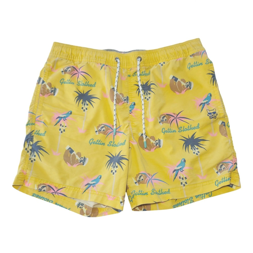 Party Pants Gettin Slothed Swim Trunks Mens Medium Yellow Unlined Shorts Animal